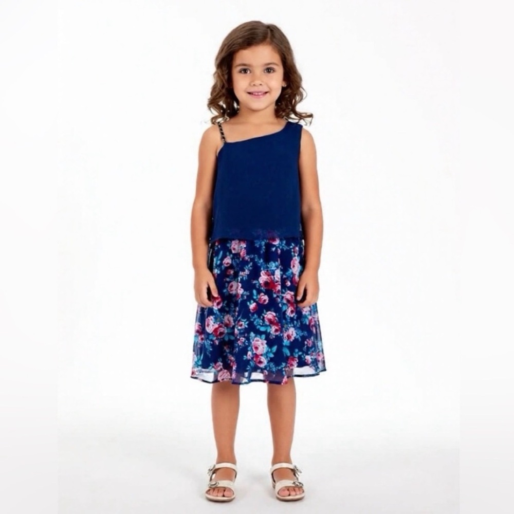 I.N. Girl Chain-Strap Solid/Floral Popover Dress, blue, size 7 NEW WITH TAGS
